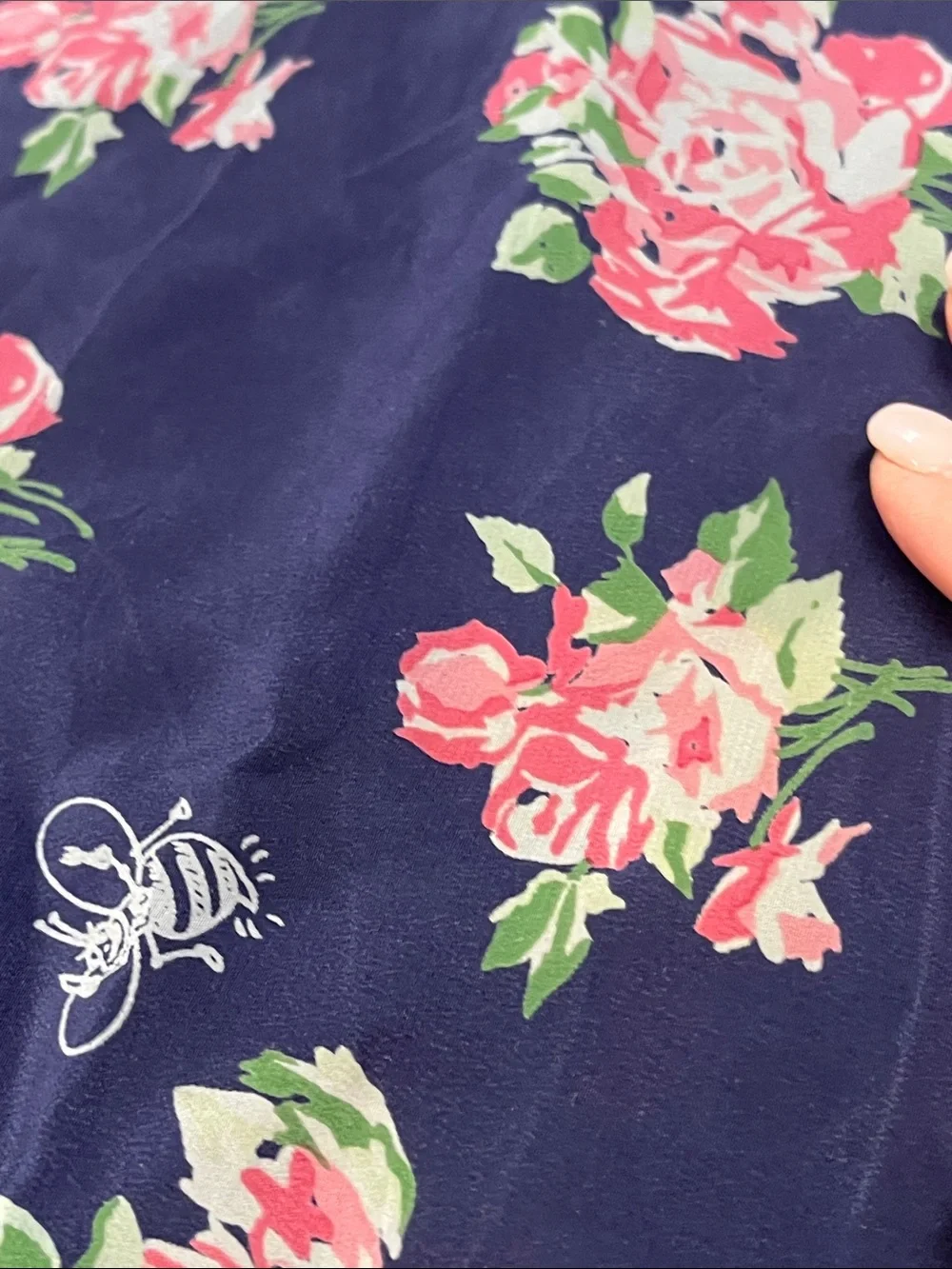Nick & Nora Navy Silk Scarf with Bees & Pink Floral Bouquet Print
